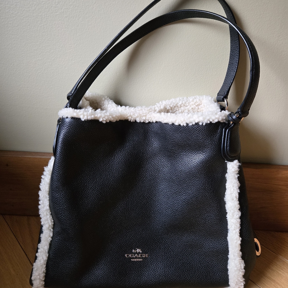 COACH Black Leather Shearling Trim Shoulder Bag